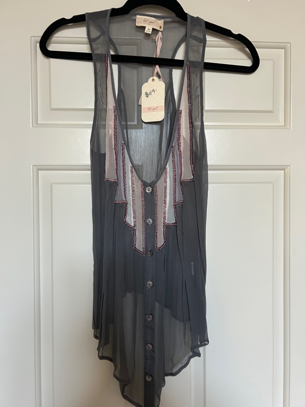 NWT Lost April Sleeveless Sheer Button Down Beaded Elegant Blouse Women’s Size M